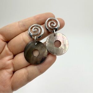 Vintage Mother of Pearl Swirl Dangle Earrings Silver Tone Disc